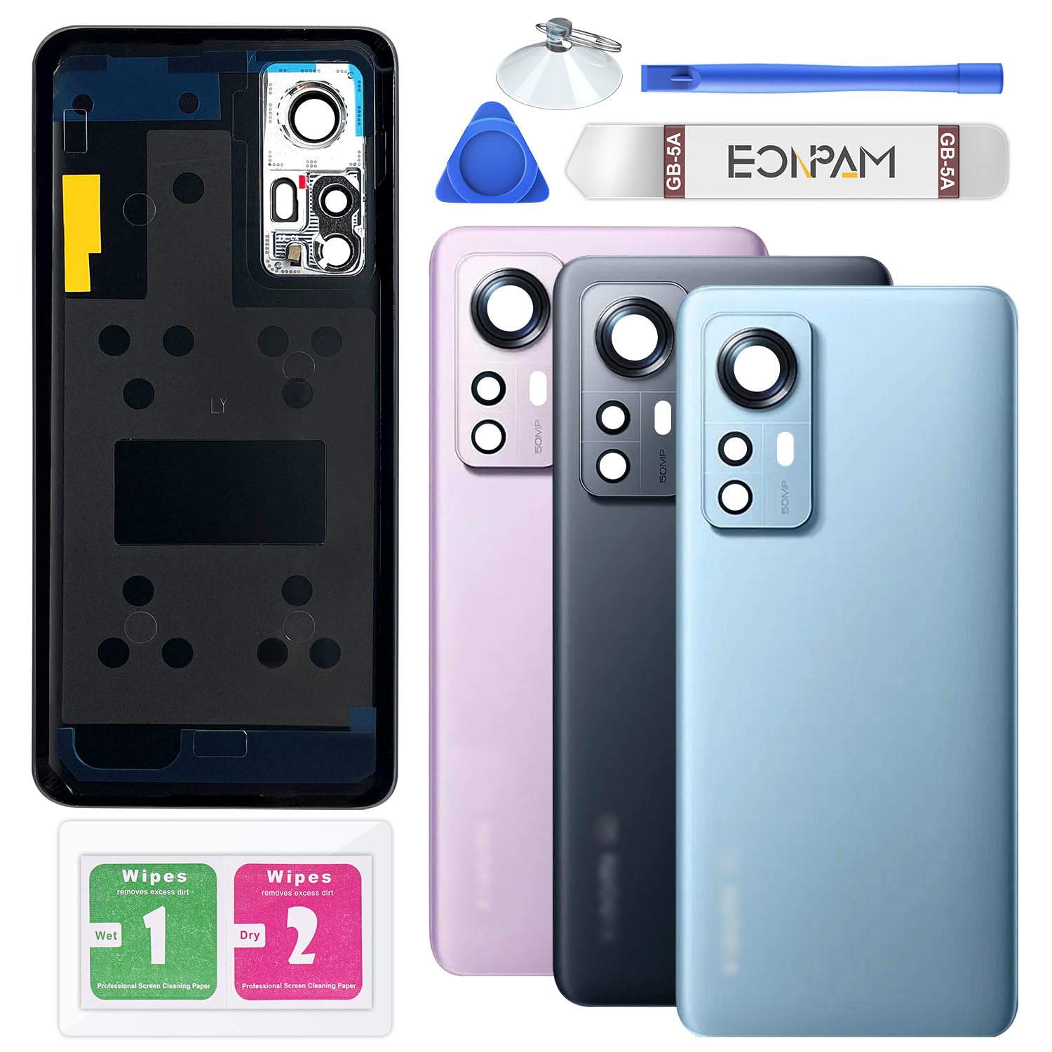 Eonpam Back Cover Glass for Xiaomi 12 / Xiaomi 12X Rear Glass Replacement with Camera Lens + Repair Kit Genuine Rear Housing (Blue)