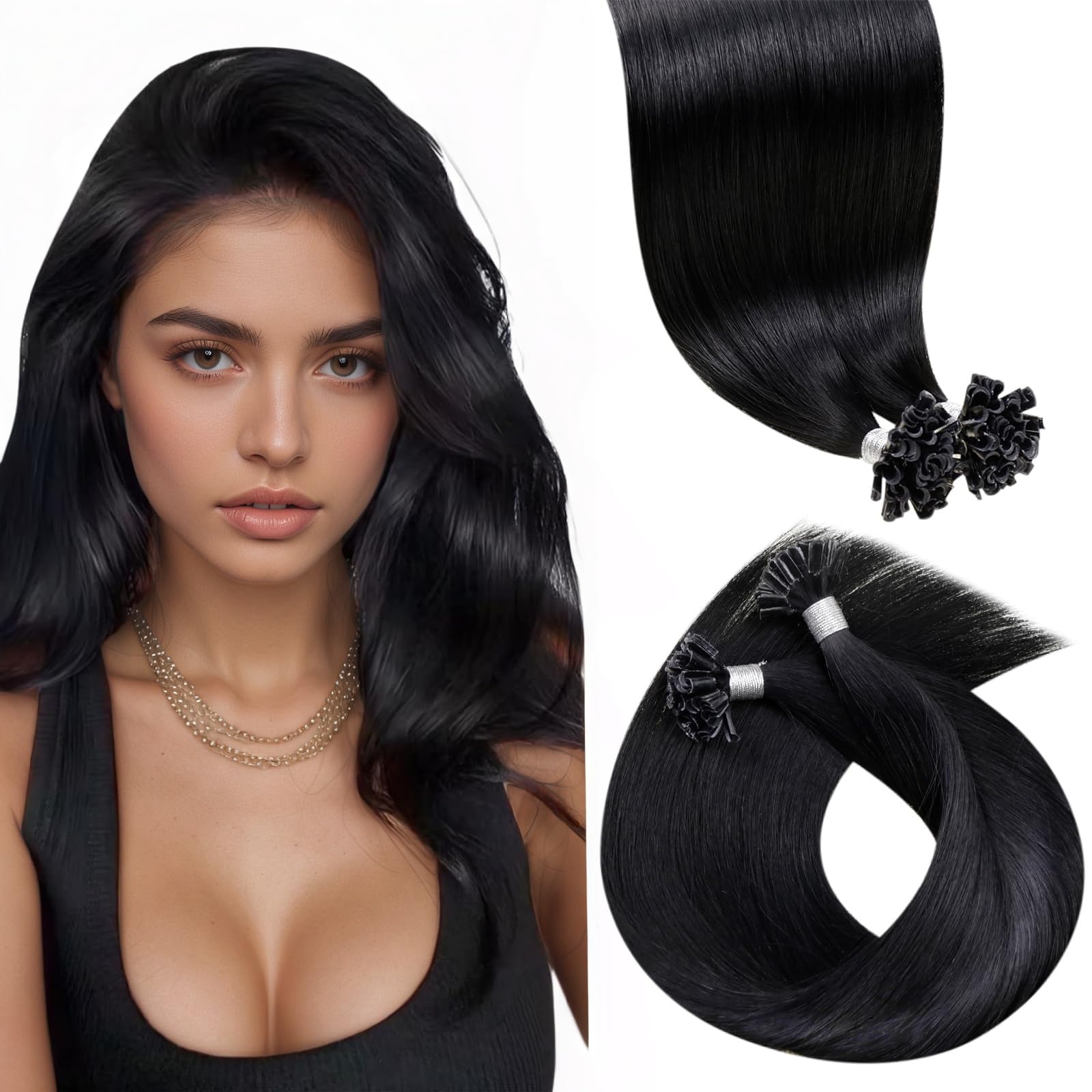 LaaVoo U Tip Hair Extensions Real Human Hair Black Invisible Hot Fusion Remy Straight Natural Black Human Hair Extensions 1g/s 50s 50g 22 Inch #1 — image 1