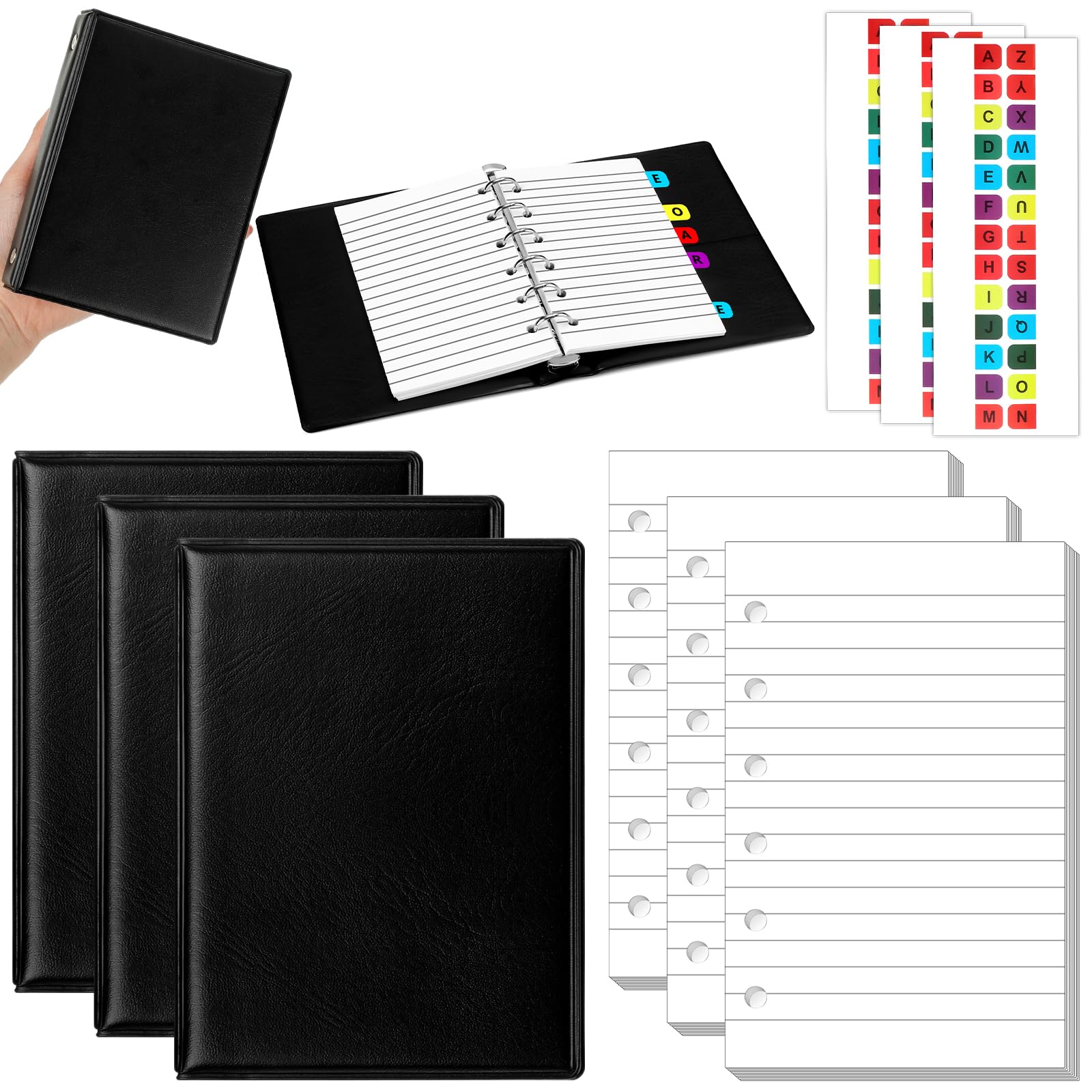 Photo 1 of Engrowtic 3 Set Mini 6 Ring Binder 3 x 5 Inch 300 Paper Refill 78 Alphabet Dividers Small Index Tabs 3 Black PU Leather Binder Professional Ring Planner Notebook Kit(Lined)