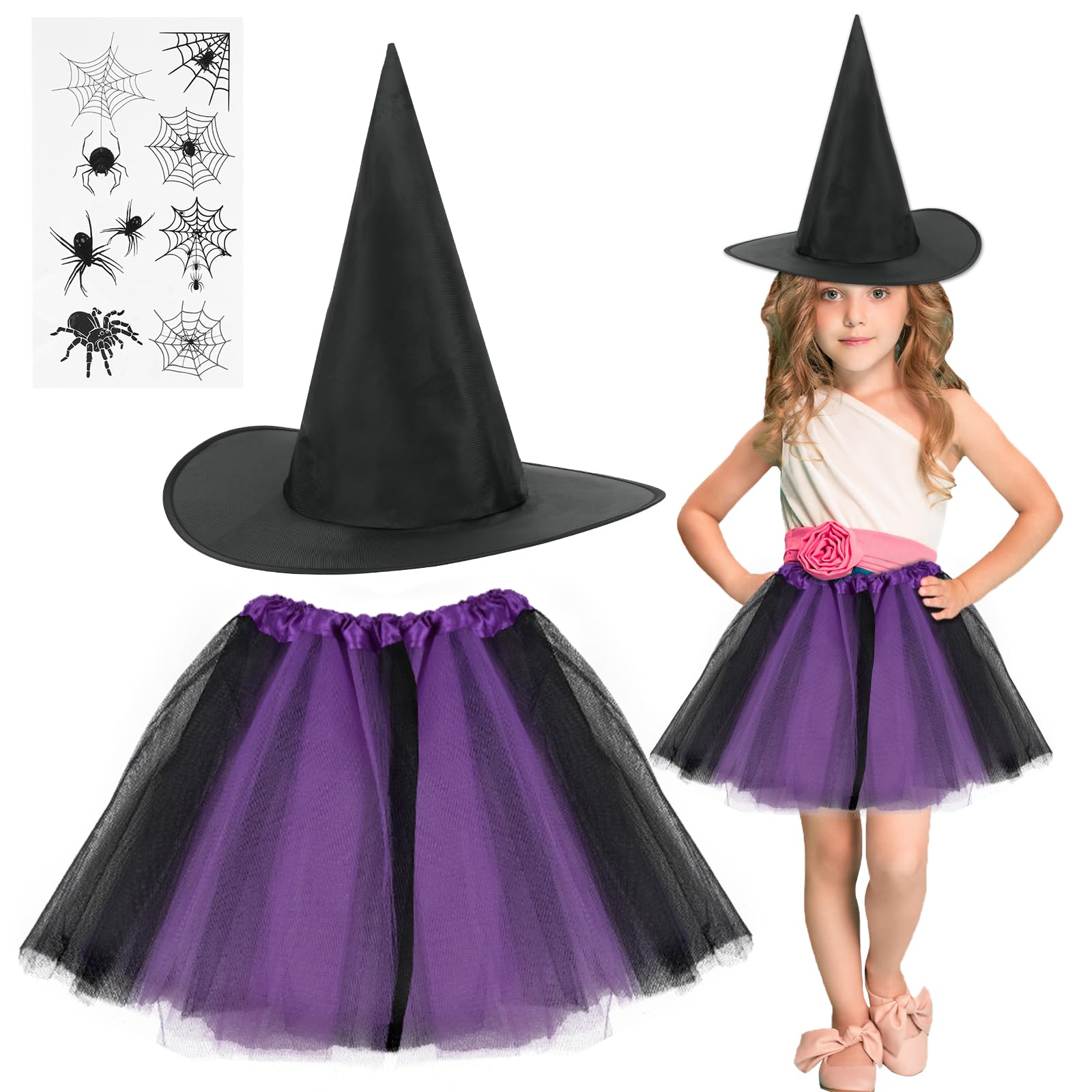 ACWOO 3pcs Kids Purple Witch Costume, Magic Witch Fancy Dress with Black Hat, Tutu & Spider Stickers for World Book Day, Halloween & Parties