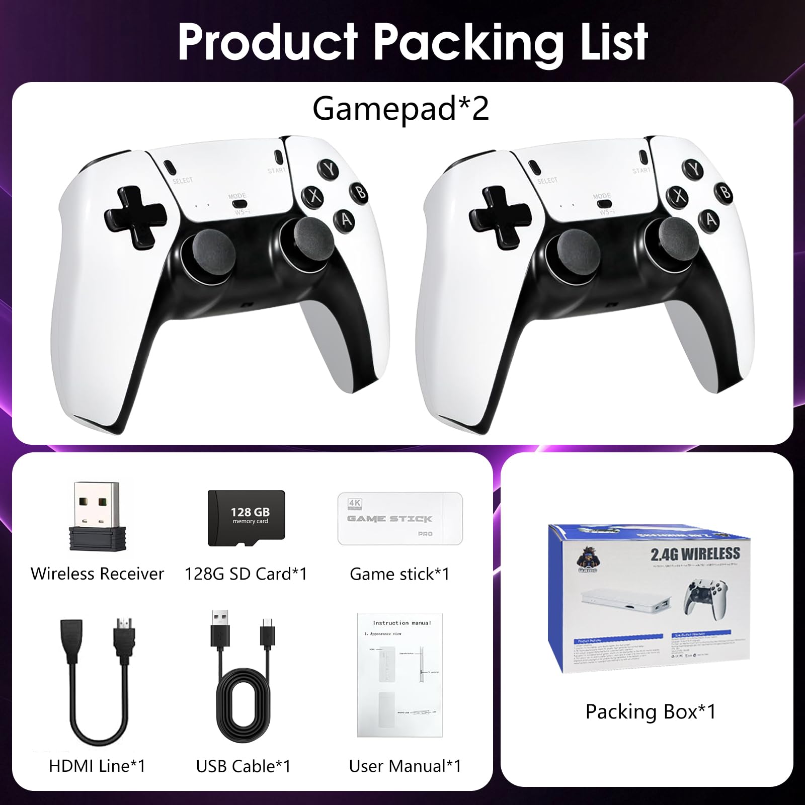 2025New Retro Game Console,40000+Games and 23 Emulators, with Dual 2.4G Wireless Controllers, Plug and play 4K HD HDMI TV Game Stick White (128GB)