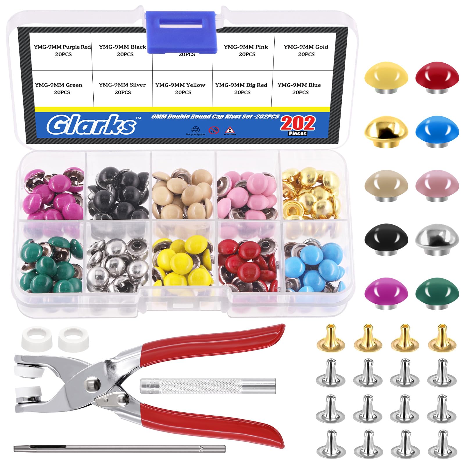 Glarks 200 Sets Leather Rivets Kit 9mm Double Round Cap Leather Rivets 10 Colors Caps Leather Rivets, Metal Studs with 3Pcs Setting Tool Kit for Leather Craft Repairs Decoration