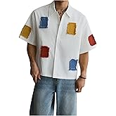 GORGLITTER Men's Patchwork Rave Cropped T Shirts Ripped Button Down Shirt Collared Oversized Tshirts