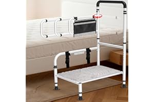 ELDERACARE Bed Step Stool for Elderly/High Bed, 360 ° Anti Fall Armrest，Support 800 lbs, 8-Level Adjustable Height, Storage Bag, Memory Sponge Carpet, USB Light, 3 4m Fixed Strap, for Bed Height Below 40″