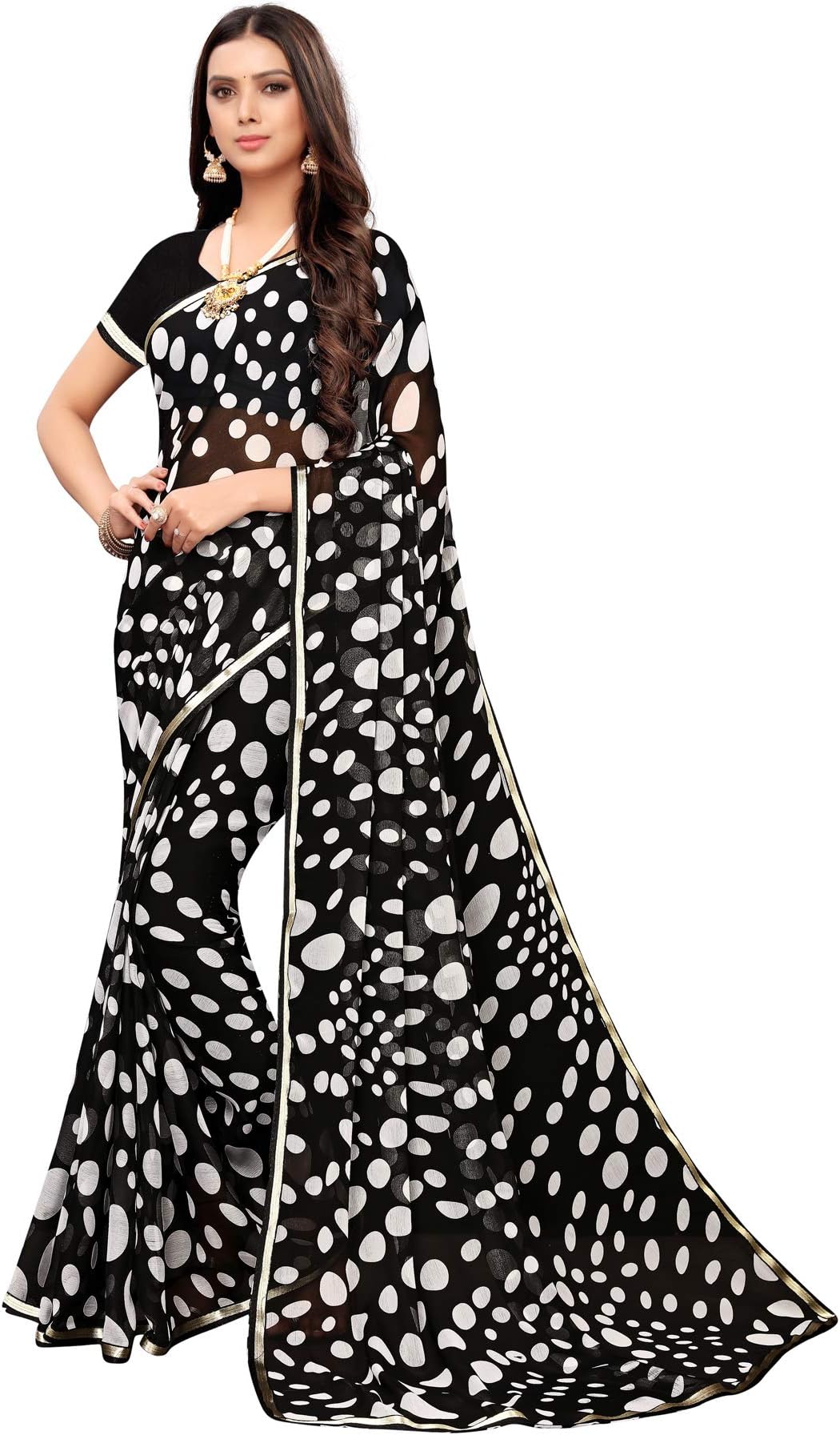 SAMAH Women'S Chiffon Saree With Unstitched Blouse (1355S101,Black, White)
