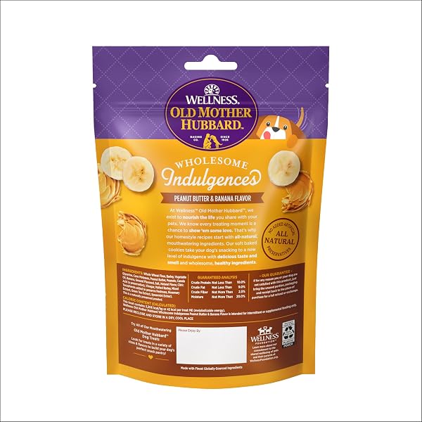 WELLNESS OLD MOTHER HUBBARD WHOLESOME INDULGENCES SOFT-BAKED DOG BISCUITS, NATURAL TREATS, PEANUT BUTTER AND BANANA FLAVOR, 10 OZ BAG