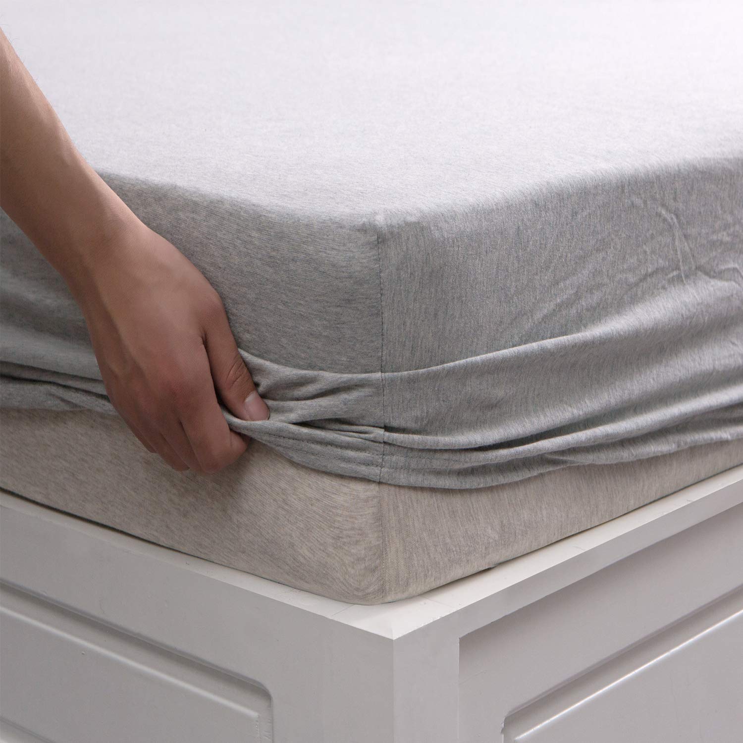 Photo 1 of PURE ERA Jersey Knit Heather Cotton Fitted Bottom Sheet ONLY (No Flat Sheet or Pillow Shams) Deep Pocket Up to 15" to 20" Ultra Soft Comfy Breathable Grey King