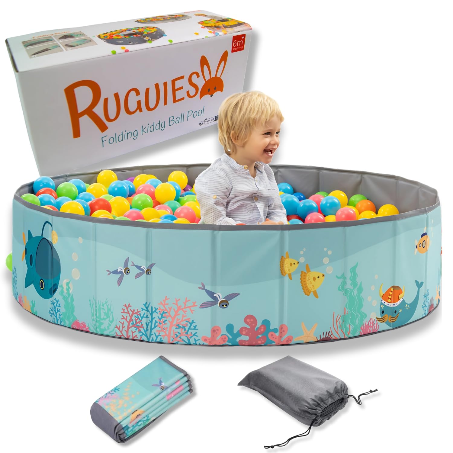 RUGUIES-Ball Pit for Baby- Baby Ball Pit- Kids' Ball Pits- Portable and Folding Ball Pool- Big Toddler Ball Pit- For indoor and Outdoor- (Balls not included). (OCEAN, 47.2x11.8")