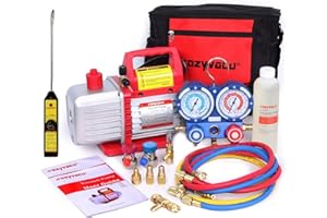 Kozyvacu Mini Split/HVAC/AUTO AC Repair Complete Tool Kit - with 1-Stage 4.5 CFM Vacuum Pump, Manifold Gauge Set, Hoses and Freon Leak Detector. Ideal for Mini Split, Automotive Refrigeration App