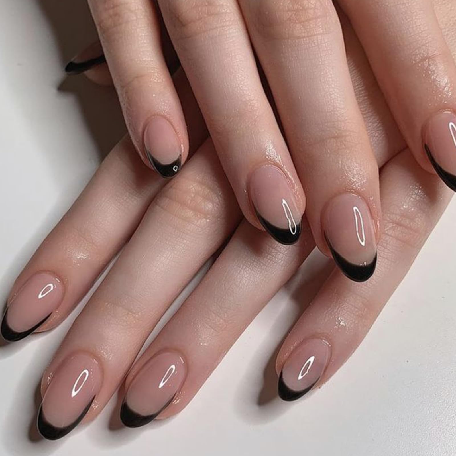 Modelones Black French Tip Press on Nails Almond, Short Almond Fake Nails, Reusable Nail Kit with Nail Glue Adhesive Tabs Mini Nail File, Nails Press Ons 32Pcs16 Sizes - Image 3