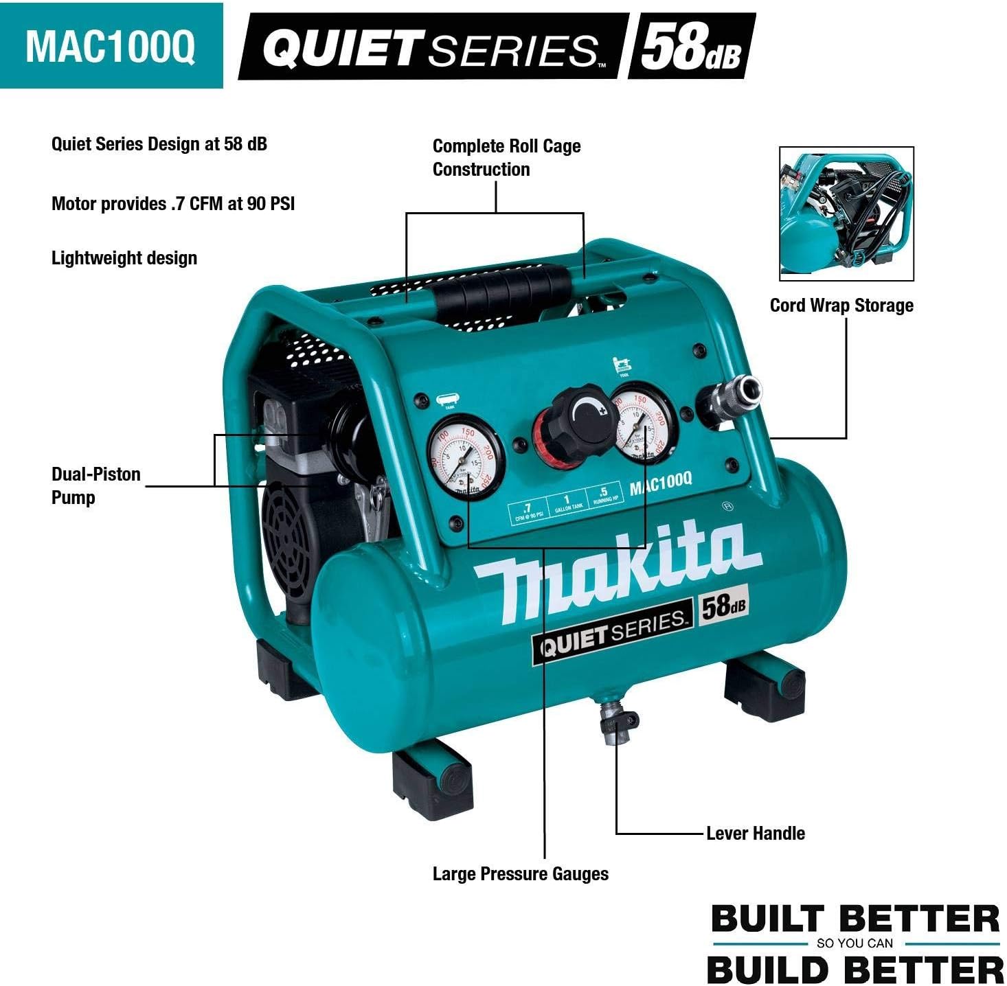 Makita MAC100Q Quiet Series, 1/2 HP, 1 Gallon Compact, Oil-Free, Electric Air Compressor: Home Improvement