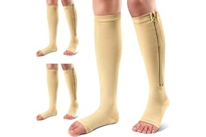 Ailaka 3 Pairs Compression Socks with Zipper, 15-20 mmHg Medical Knee High Compression Socks for Men Women, Open Toe Socks for Varicose Veins, Edema, Recovery
