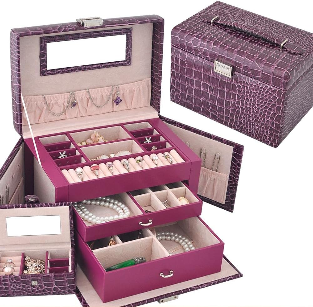 G&Z Luxurious Jewelery Box Jewelery Storage Made Of Leather And Wood, With 3 Drawers, Side Pockets, Independent Box, Snap Lock And Built-In Mirror, Many Colors, purple
