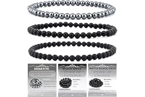 NCB 3-Piece 4mm Natural Crystal Gemstone Stretch Bracelets – ﻿Black Onyx, Hematite, Matt Black Agate Handmade Reiki Energy He