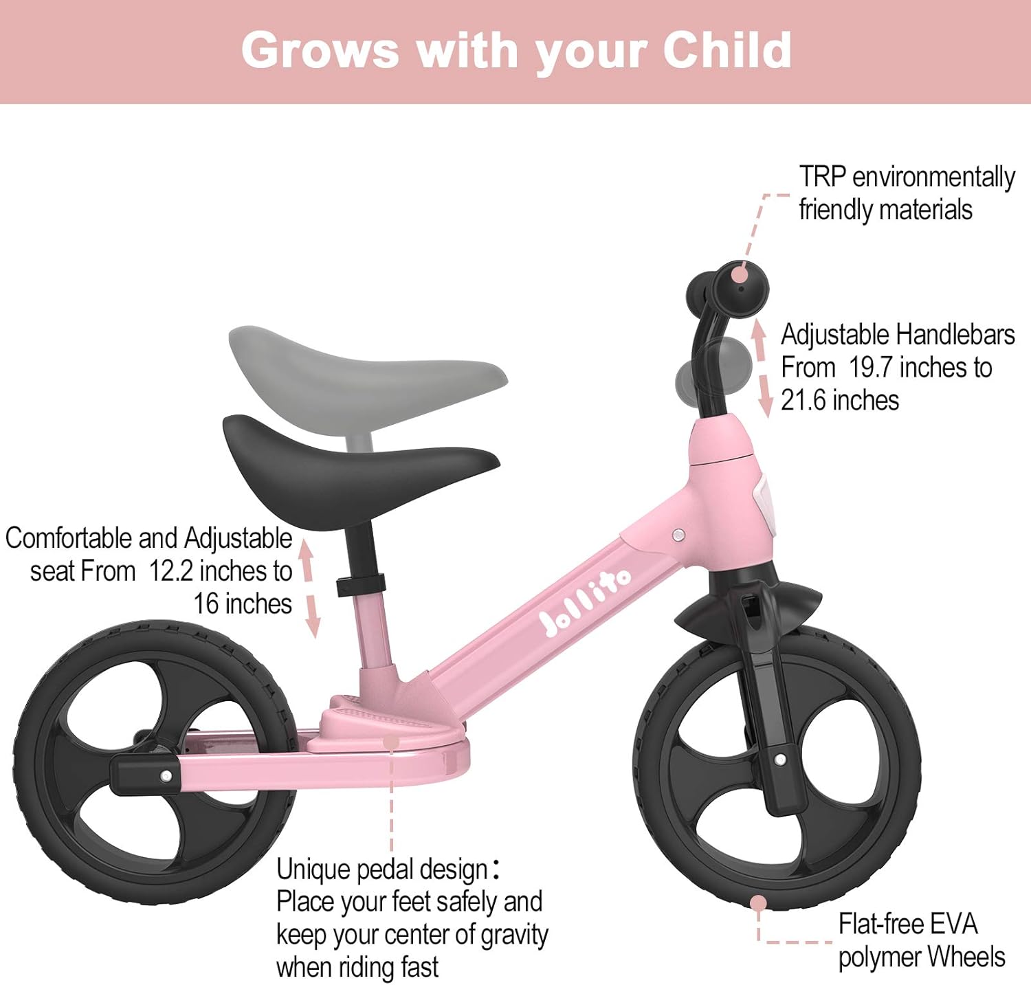 Jollito Balance Bike, Adjustable Seat and Handlebar Kids Balance Bike for 2,3,4,5,6 Years Old, No-Pedal Toddler Training Bike with Footrest: Sports & Outdoors
