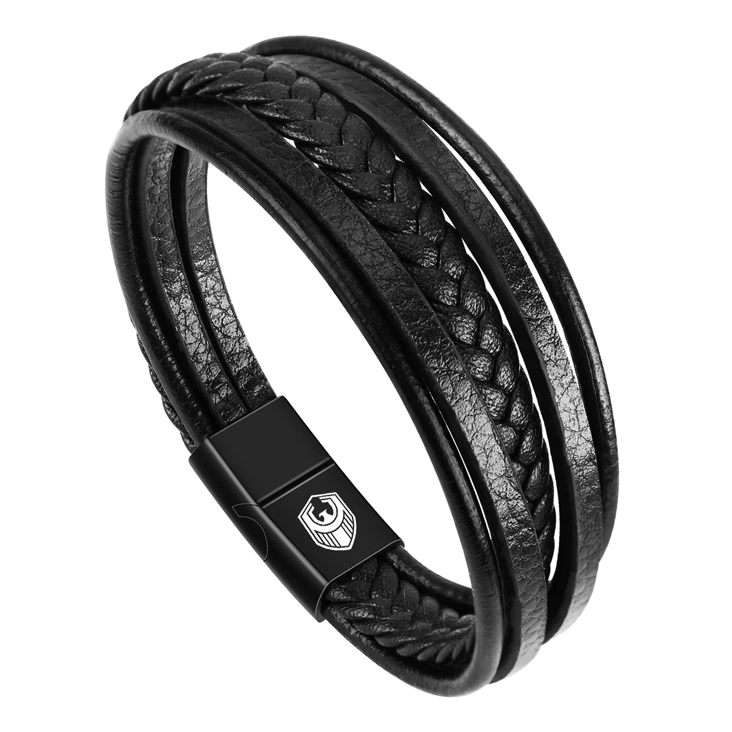 Mens Leather Bracelets, Leather Bracelets for Men Black, Handmade Braided Unisex Cuff Wrap Bracelet, Multi-Layer Magnetic Clasp Rope Wristband and Exclusive Bracelet Jewellery Box (black, 18.5)