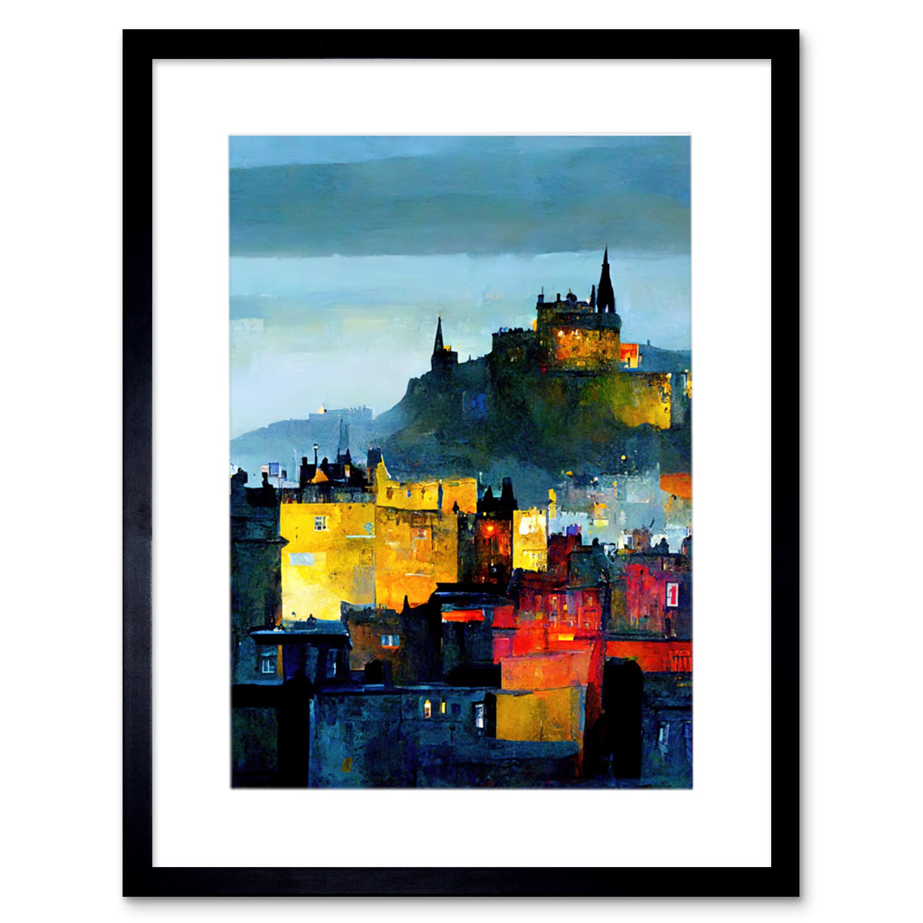 Doppelganger33 LTD Colourful Modern Edinburgh Castle Cityscape Acrylic Painting Artwork Framed Wall Art Print 12X16 Inch