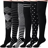 Chicingyou 6 Pair Thigh High Compression Socks for Women Men 15-20 mmHg Over the Knee Compression Support Stockings for Hiking Nurses Running Recovery