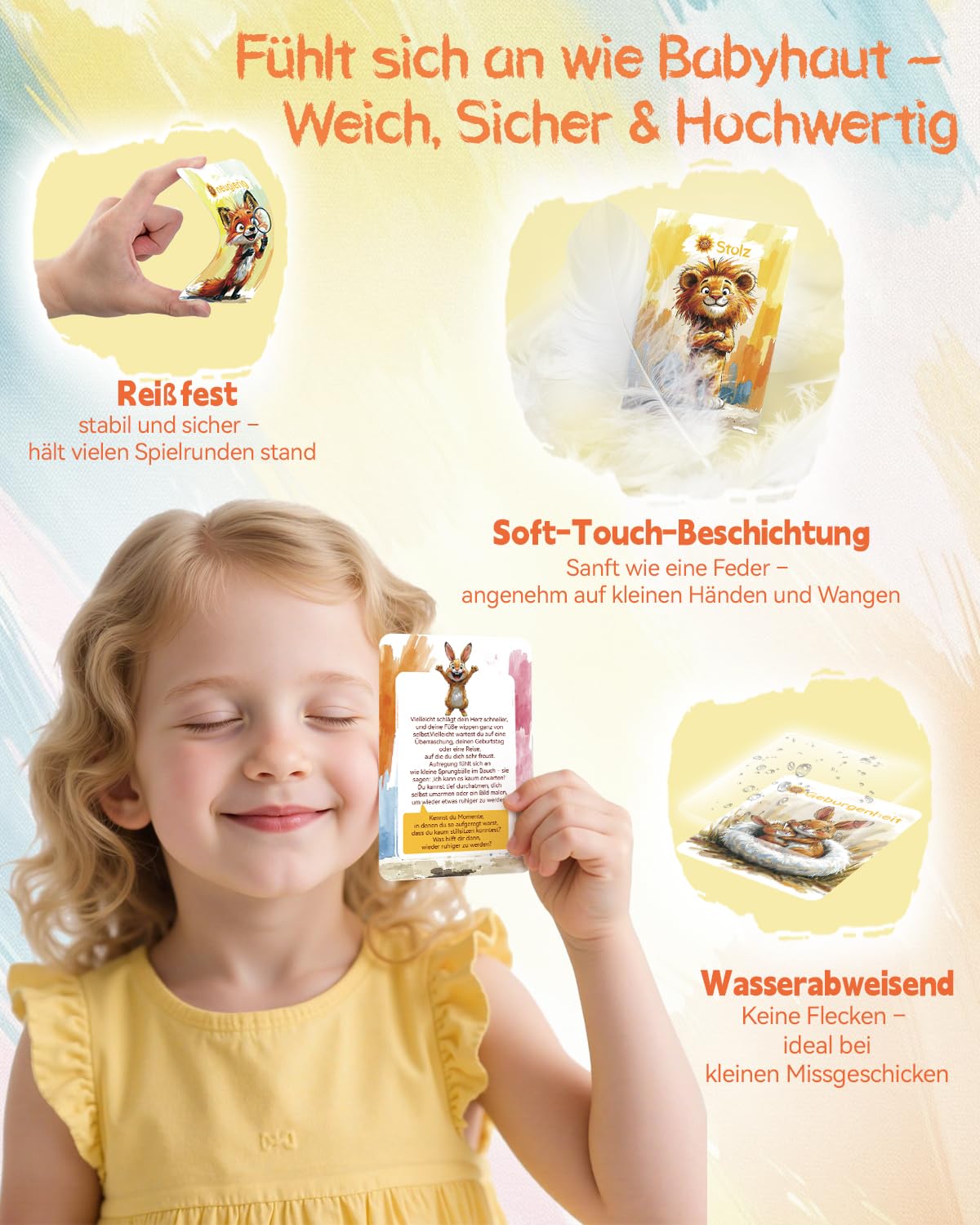 Gefühlskarten Kinder – 50 Emotionskarten für Empathie & Selbstbewusstsein Kinder 3–12 | robust mit Soft-Touch | inkl. Sticker & Armbänder 3