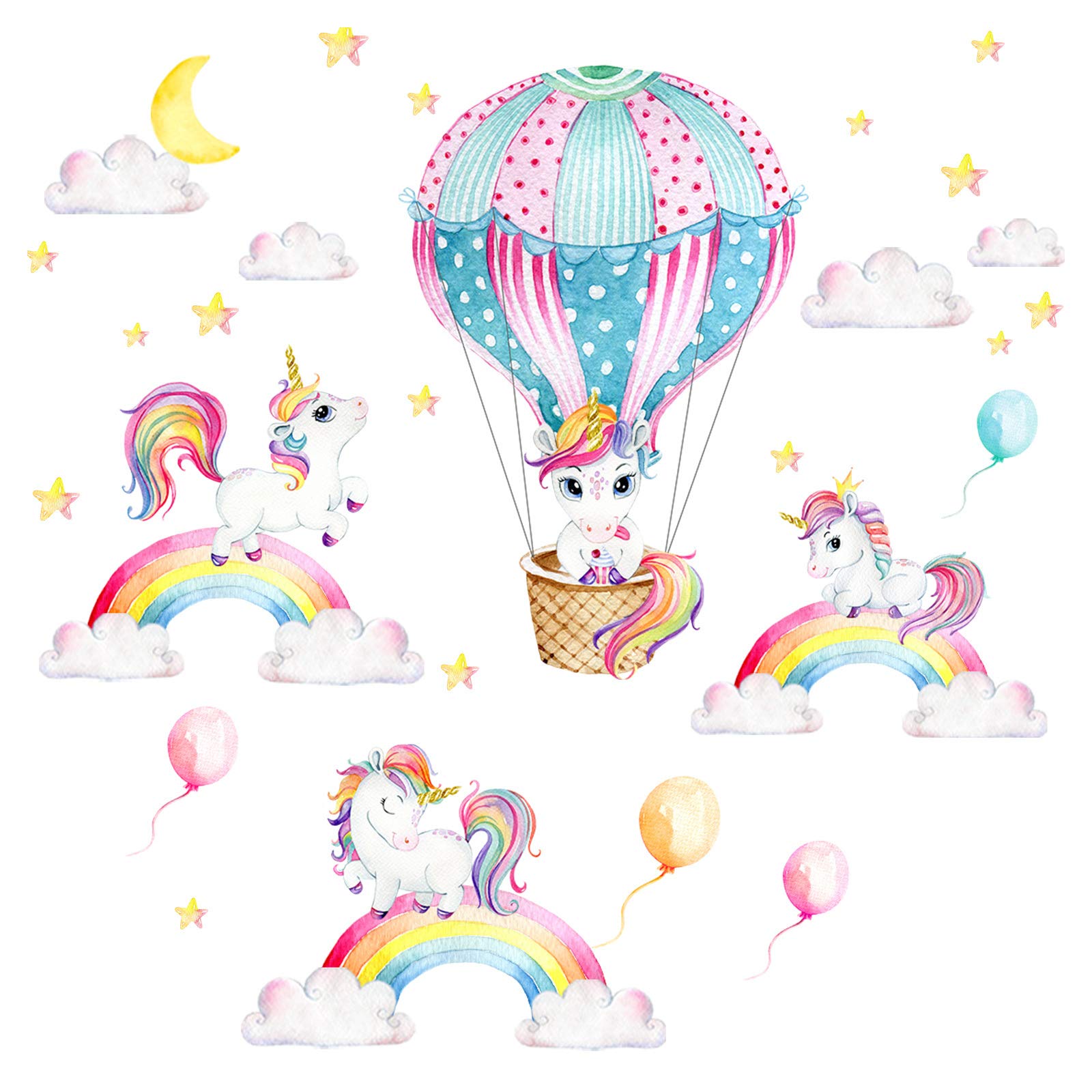 Little Deco DL539-04 Wall Sticker Unicorns Rainbow & Hot Air Balloon I Wall Picture 99 x 58 cm (W x H) I Sticker Moon and Stars Children's Room Sticker Girls Room Baby
