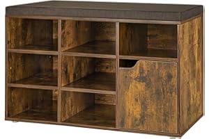 DINZI LVJ Shoe Bench, Entryway Storage Bench with Door and 7 Cubbies, Cubby Shoe Rack with Adjustable Shelves, Shoe Organizer Cabinet for Living Room, Bedroom, Mudroom and Garage, Rustic Brown