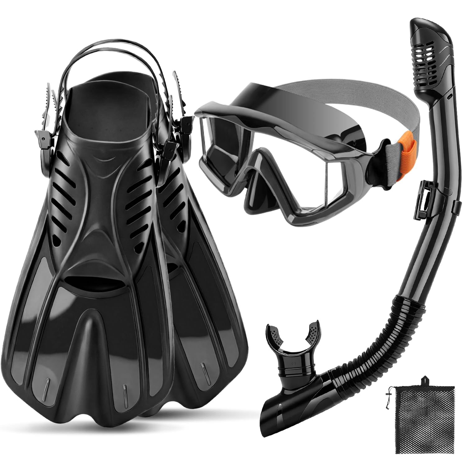 Photo 1 of PIYAZI Snorkeling Gear for Kids Adults, 4 in 1 Snorkel Mask Fins Set with 3 Window Snorkel Mask, Dry Top Snorkel, Adjustable Short Fins and Mesh Bag, (Black, L/XL(42-47) Adults)