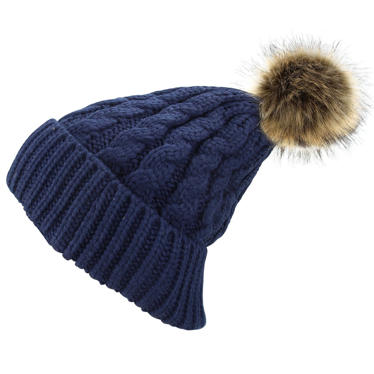 2 Pack Womens Knitted Chunky Beanie Faux Fur Pom Pom Beanie