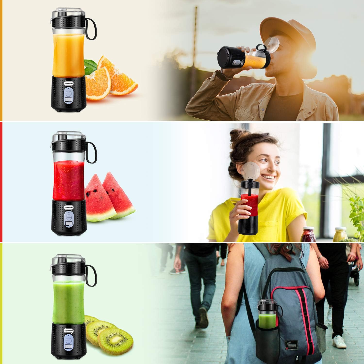 Supkitdin Portable Blender, Personal Mixer Fruit Rechargeable with USB, Mini Blender for Smoothie, Fruit Juice, Milk Shakes, 380ml, Six 3D Blades for Great Mixing (Black): Kitchen & Dining