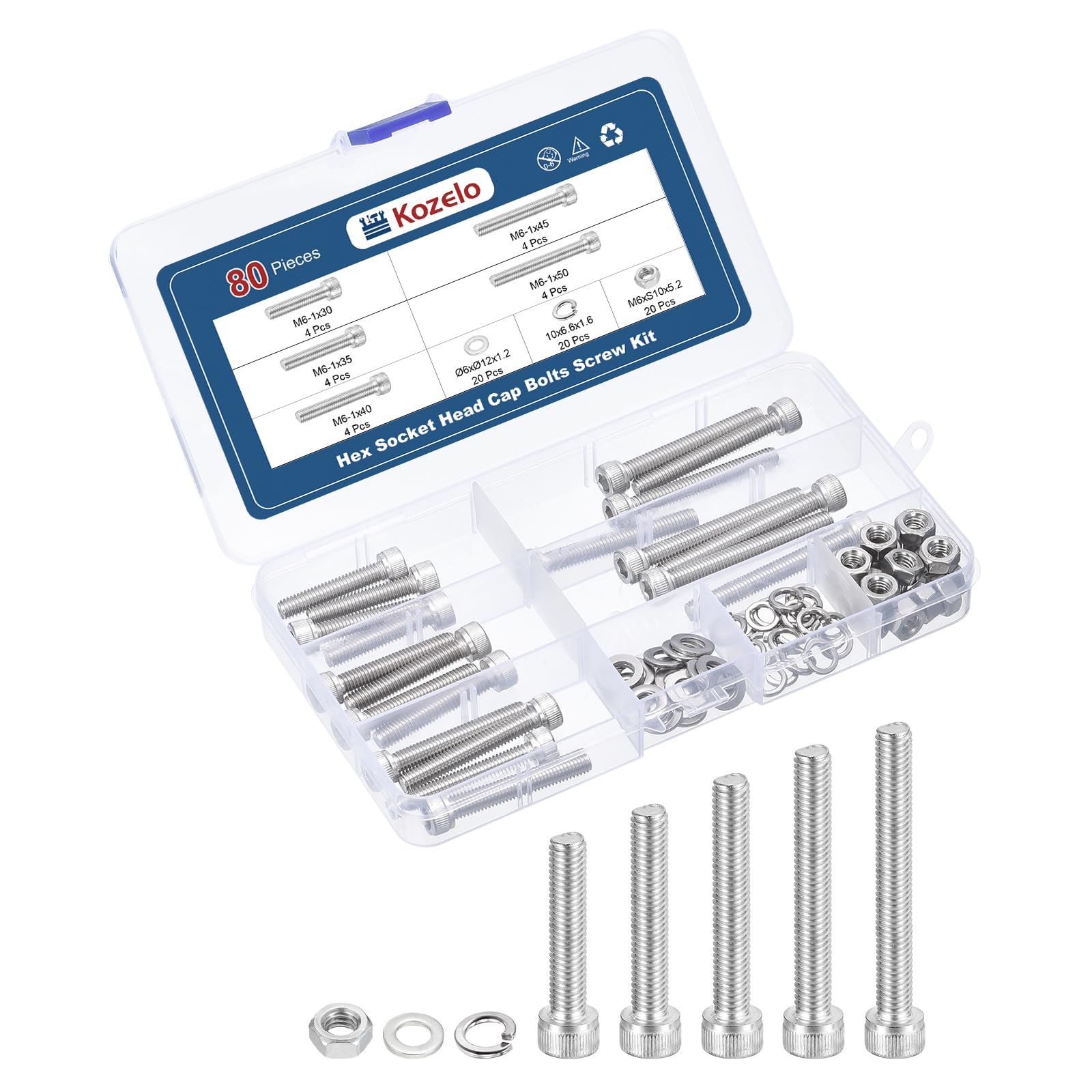 Kozelo 80pcs M6 Socket Head Cap Screws Bolts Nuts Assortment Kit - [M6x30/35/40/45/50mm] 304 Stainless Steel Allen Socket Drive for 3D Printer