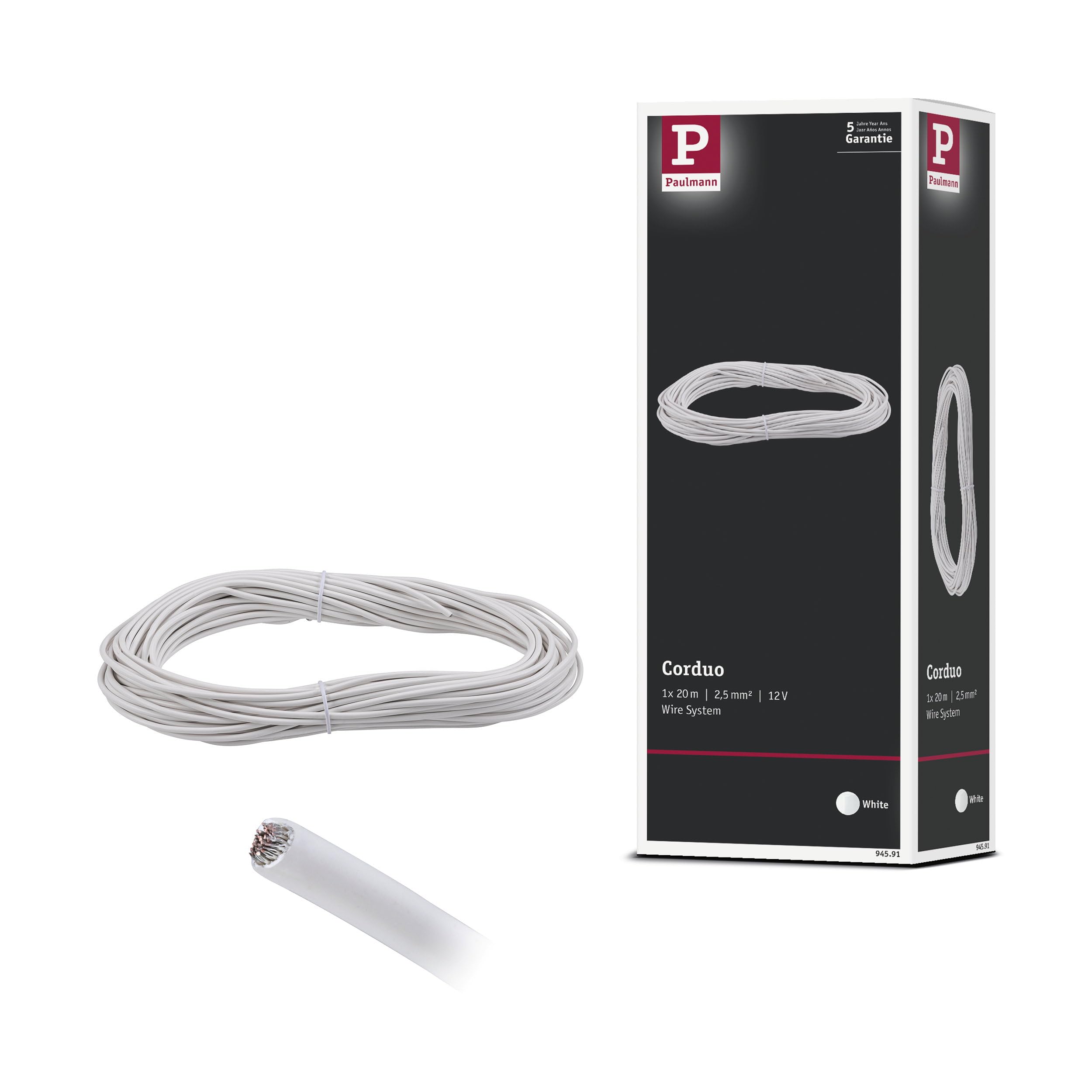 Paulmann 94591 Cable System Tension Cable Corduo 20m Insulated 2.5mm2 Cable White Cable Rail