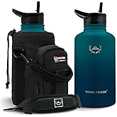 NATURE PIONEOR Insulated Water Bottles with Straw - 64oz Stainless Steel Vacuum Bottle with Holder/Carrier/Sleeve - Reusable 18/8 Food Grade Half Gallon Water Jug