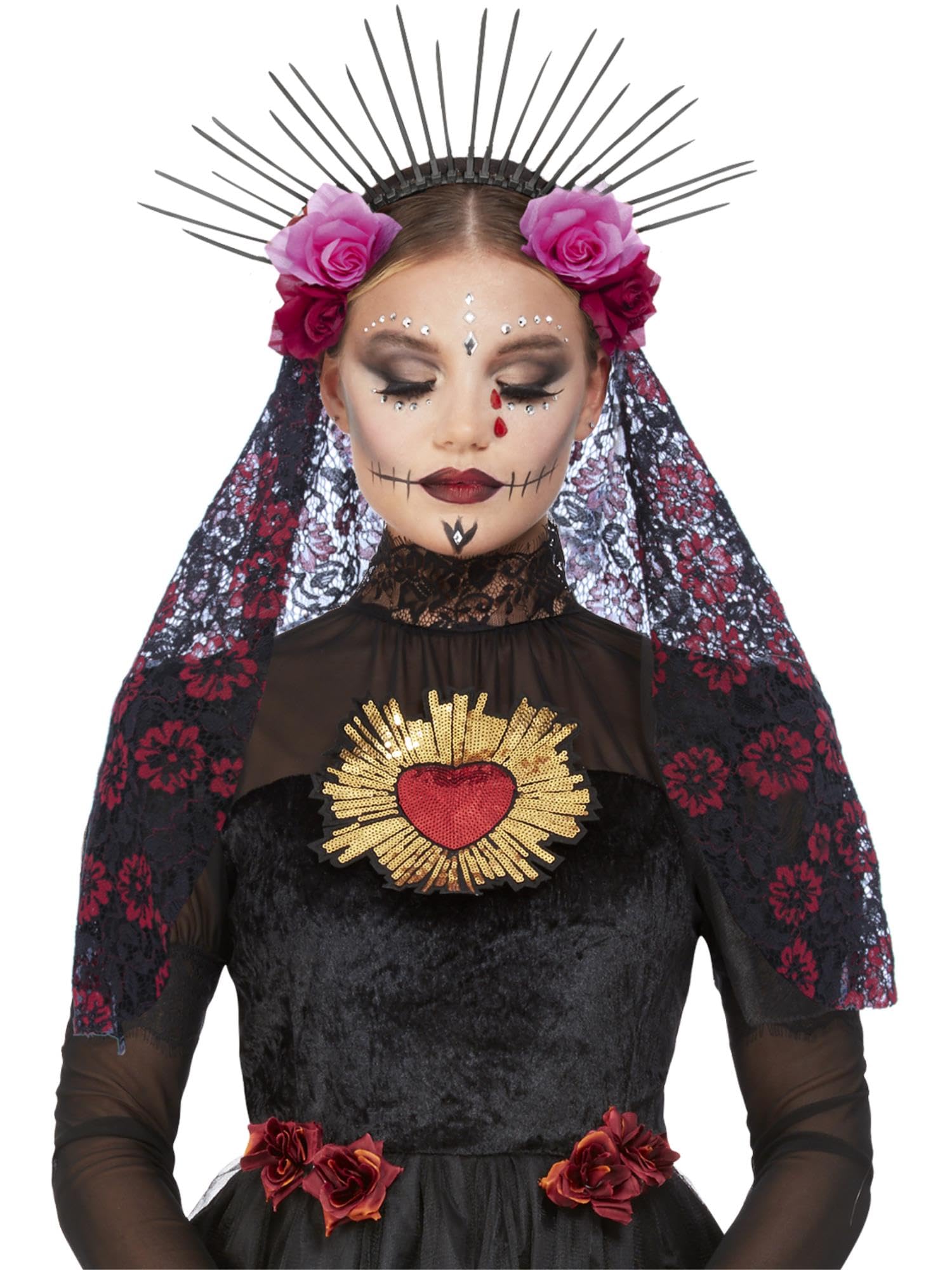 Smiffys Deluxe Sunburst Day of the Dead Headband with Roses & Veil, Halloween Fancy Dress Accessory, Day of The Dead Lady Dress Up Accessories Halloween