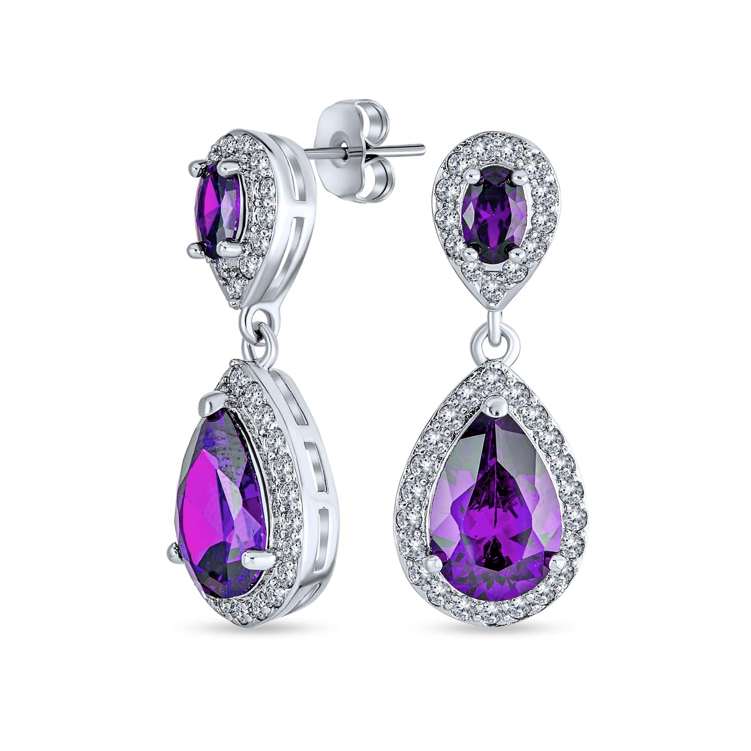 Fashion Purple CZ Halo Teardrop Drop Earrings For Women Prom Simulated Amethyst Cubic Zirconia Silver Plated Brass — image 1