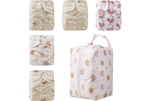 CoolaPeach Baby Cloth Diapers Washable Reusable Diapers for Baby Boys, One Size Adjustable Pocket Nappy Covers 5 Pack+ 5pcs Microfiber Inserts+ One Waterproof Bag (Star Sun)