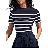 SOLY HUX Women's Striped T Shirt Mock Neck Short Sleeve Fitted Tee Ribbed Knit Summer Tops