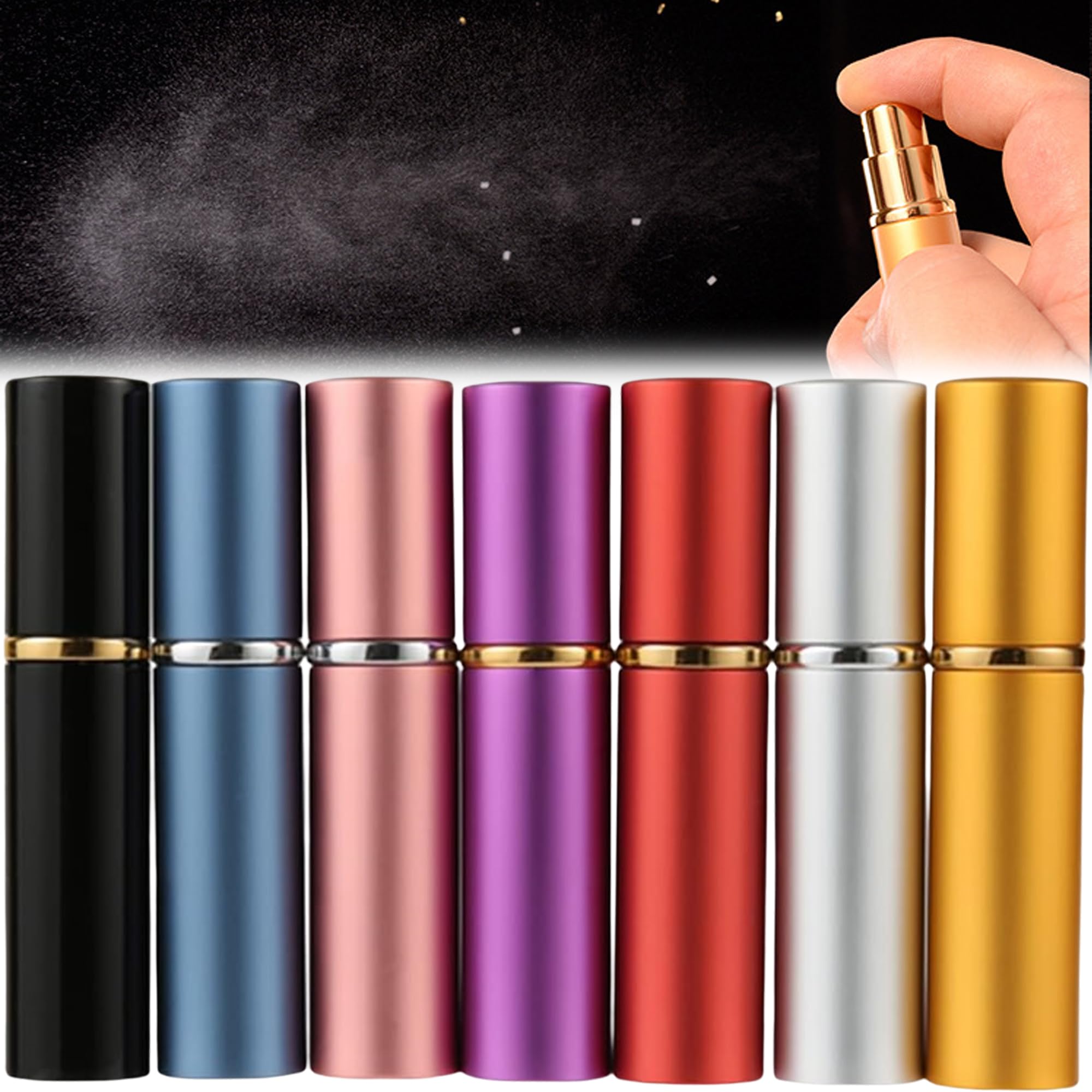MINGZE 7pcs 10ML Aluminium Perfume Spray Bottle, Portable Empty Dispenser for Perfume, Essential Oils, Face & Body Mists, Black, Silver, Red, Blue, Brown, Purple, Gold, Pink