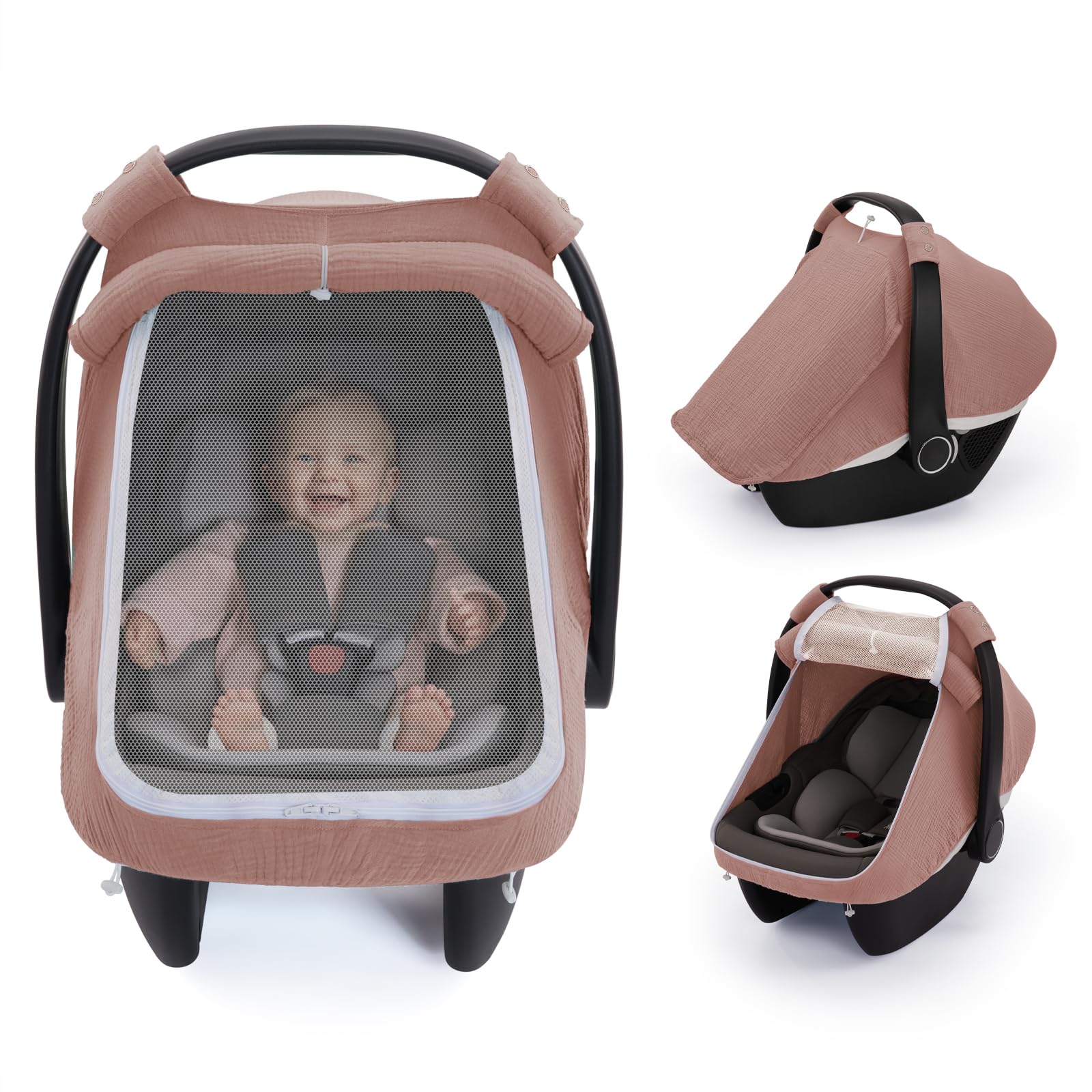 Photo 1 of Blissful Diary Baby Car Seat Cover, Extra Large Mesh Window, Breathable Muslin Cotton, Infant Windproof Canopy-Dusty Pink