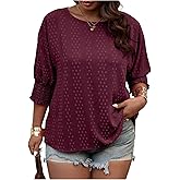 SOLY HUX Women's Plus Size Blouse Swiss Dots Crew Neck 3/4 Sleeve Shirred Casual Summer Shirt Tops