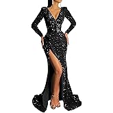 Zeeyecie Long Sleeve Sequin Prom Dresses for Women Mermaid Sparkly Formal Evening Ball Gowns V-Neck Party Dress with Slit