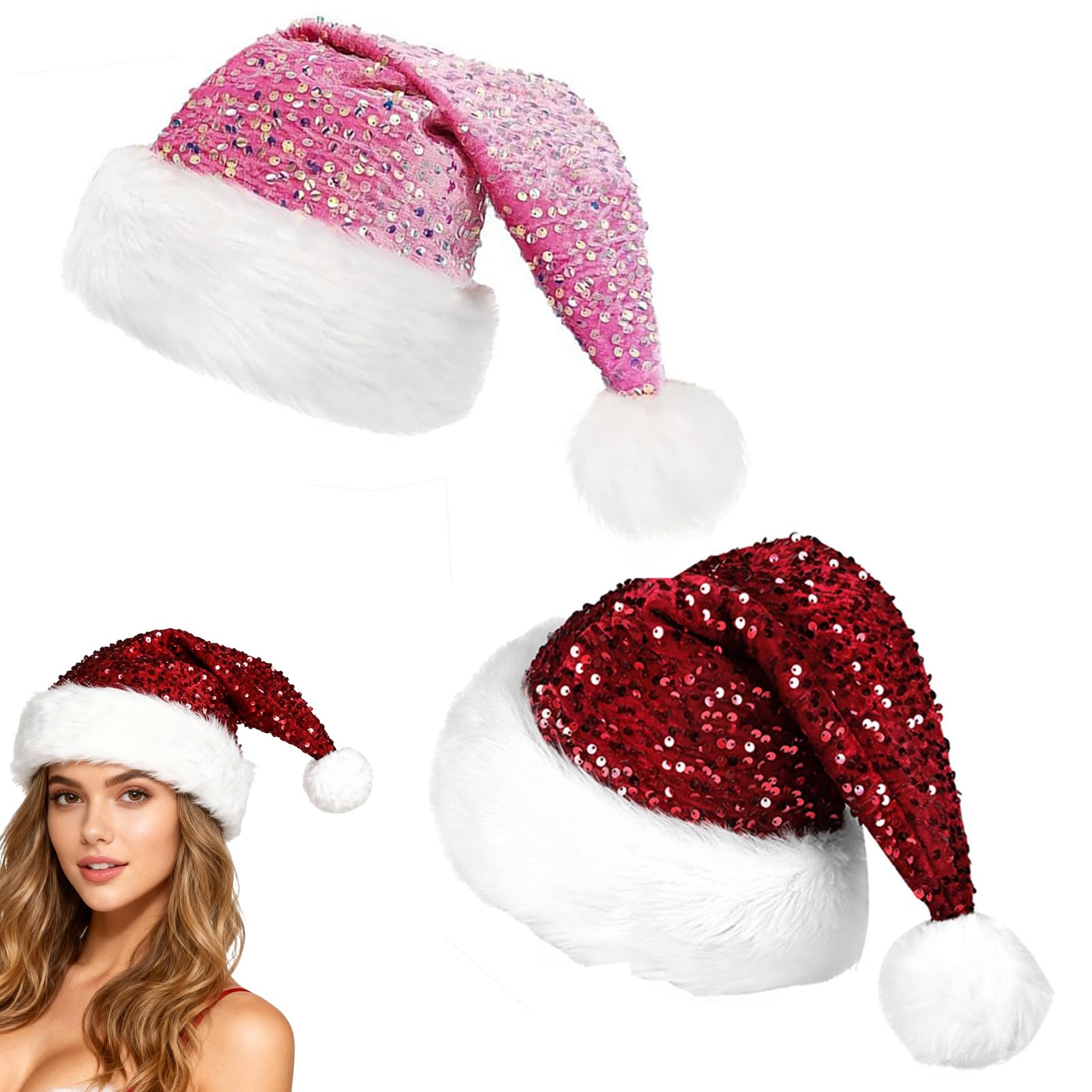 Meriviva 2 Pcs Christmas Hats for Adults, Bling Sequin Santa Hats, Luxury Plush Santa Hat Women Men Unisex for Christmas New Year Party Fancy Dress Costume