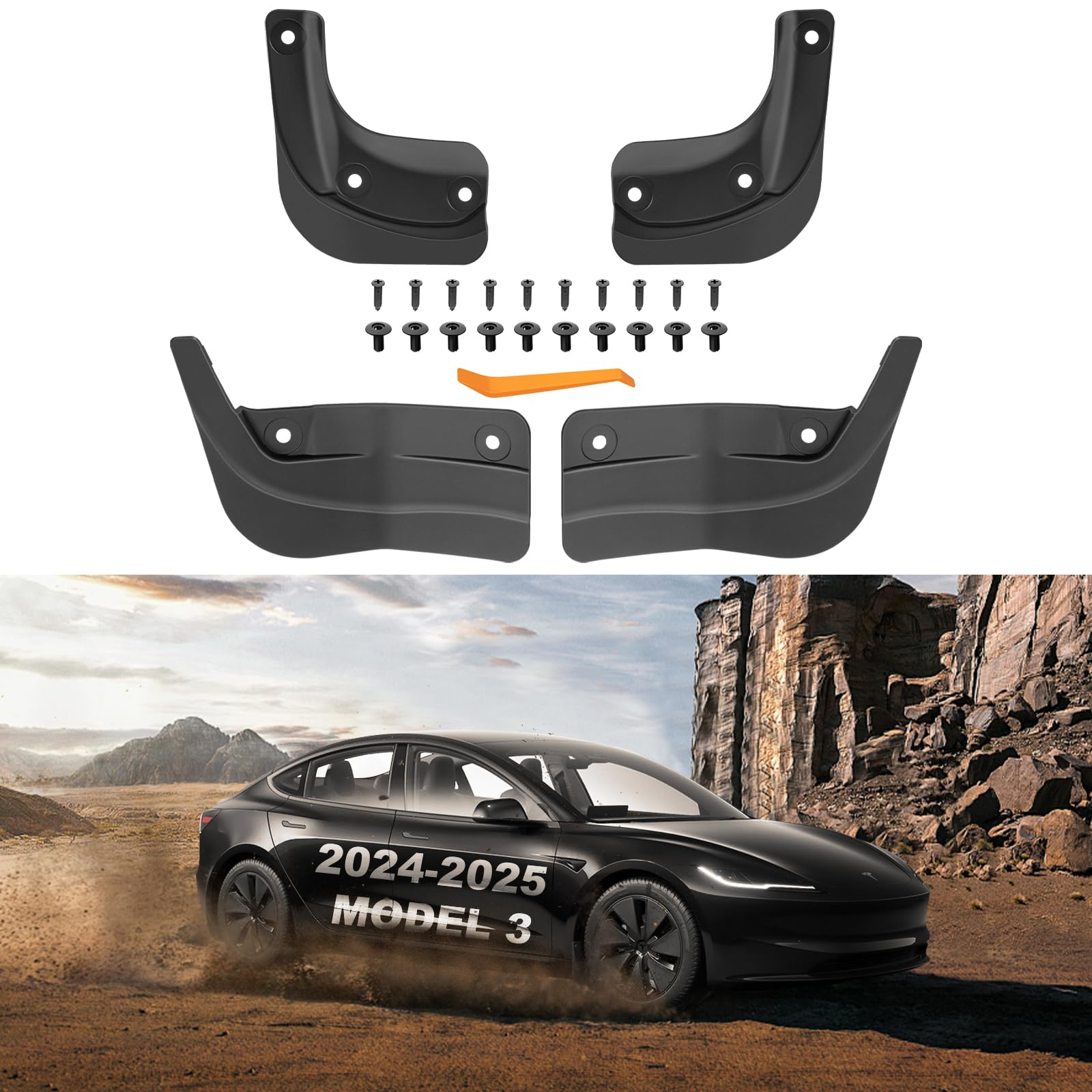 Photo 1 of (used) (incomplete) KUNIST 4PCS Upgraded Mud Flap for 2025 Tesla Model 3 Highland No Drilling Splash Guards Fender Mud Guard for 5 Seater Tesla Model 3 2024-2025 