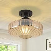 Pandaluna Amber Glass Vintage Light Fixture Ceiling Flush Mounted, 11.8in | Semi Flush Mount Ceiling Light Black Mid Century Modern Lamp for Kitchen Bedroom Dining Room Hallway Entryway Foyer 1 Pack