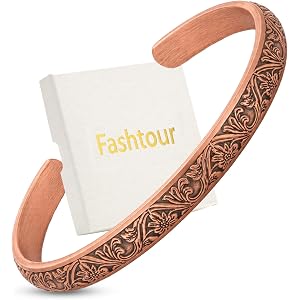 Fashtour Pure Copper Bracelet for Men & Women, Vintage Carved Cuff | Pure Copper Bracelet for Men Women; 100% Solid Handmade