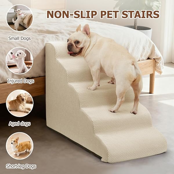 AODISMAN DOG STEPS FOR BED AND COUCH,4-STEP DOG STAIRS AND RAMP FOR SMALL DOGS & CATS,INDOOR ANTI-SLIP PET STAIRS FOR OLD CATS AND PUPPY,BEIGE