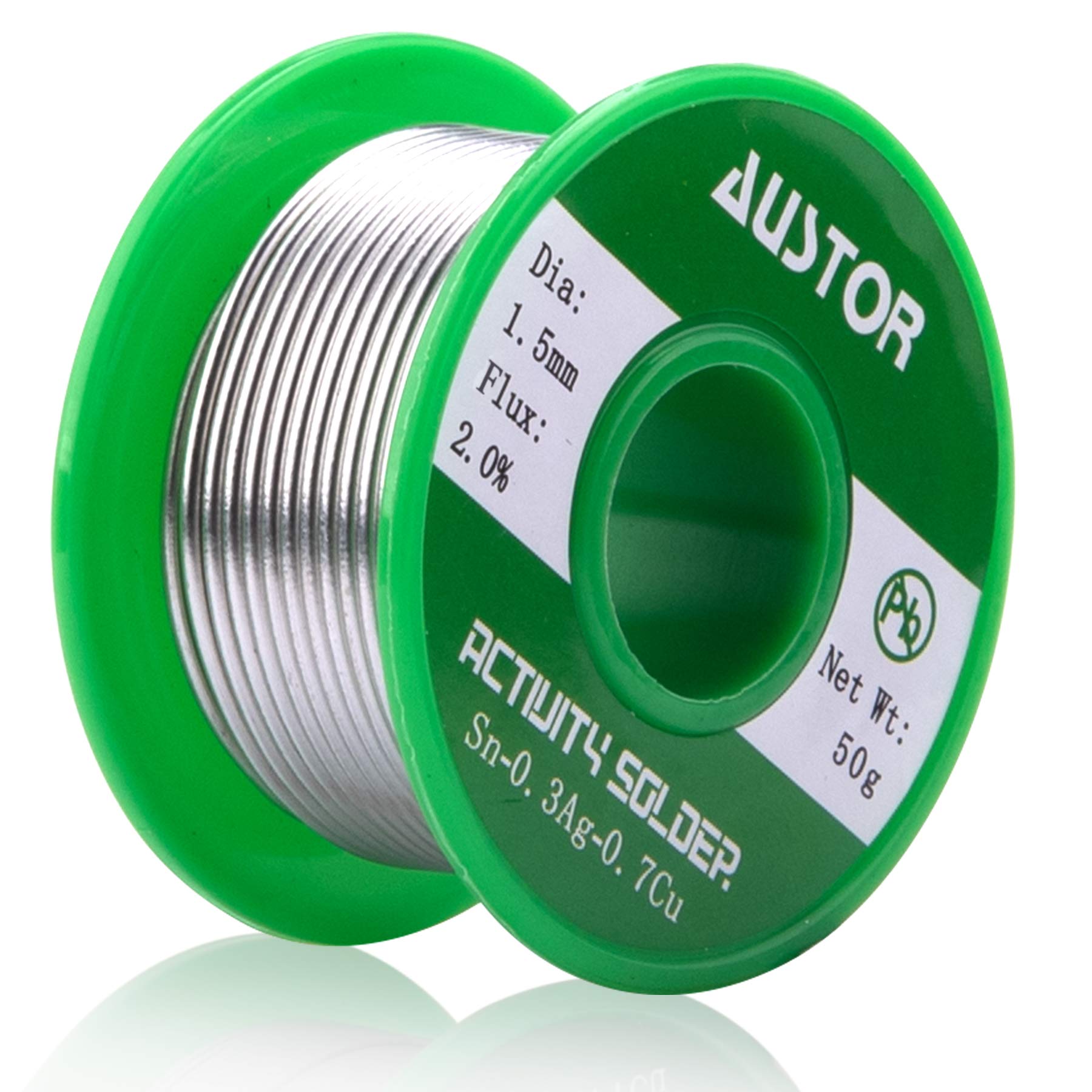 AUSTOR 1.5mm Lead Free Solder Wire with Rosin Core, Sn 99% Ag 0.3% Cu 0.7%, 50g