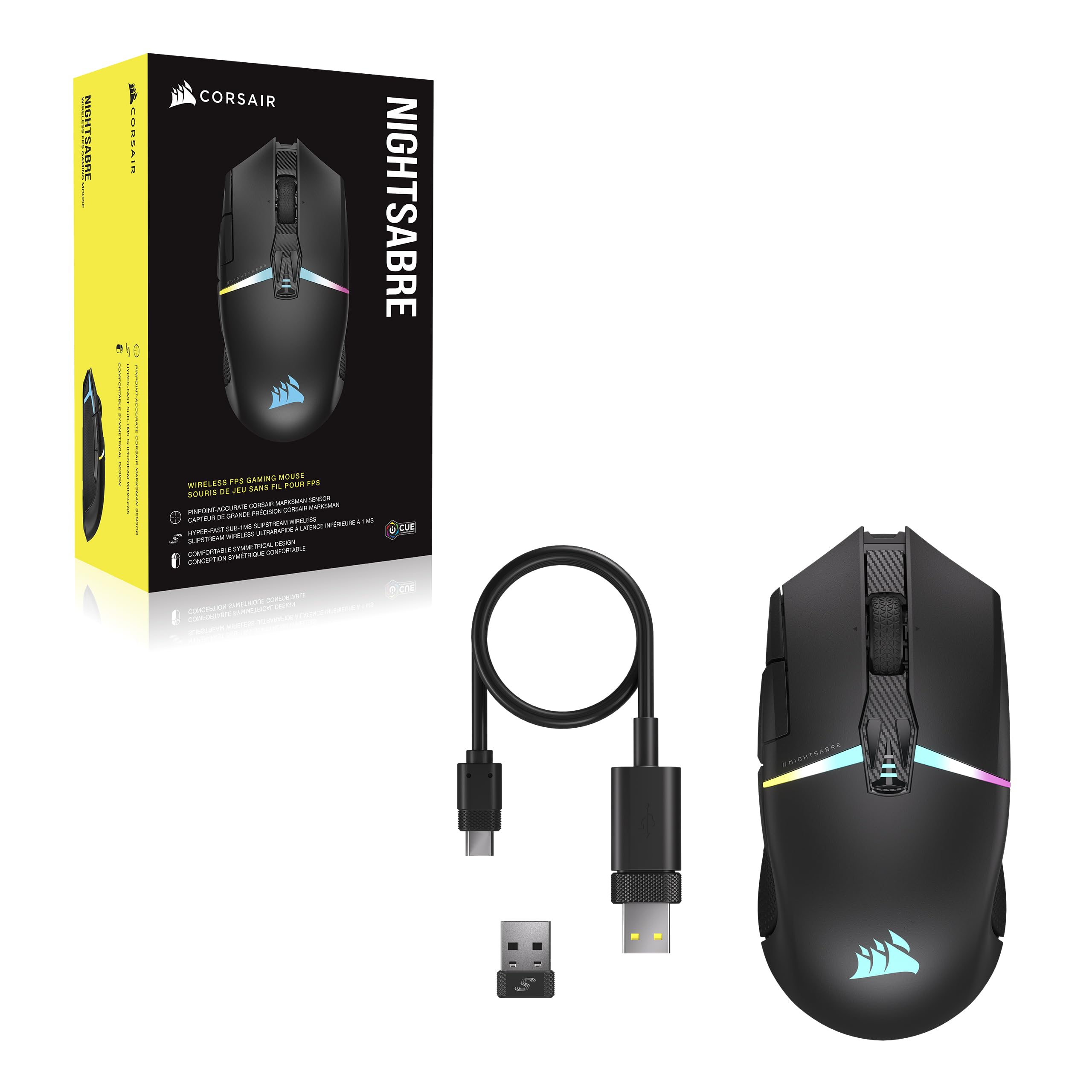 Corsair NIGHTSABRE RGB Wireless Gaming Mouse for FPS, MOBA - 26,000 DPI - 11 Programmable Buttons - Up to 100hrs Battery - iCUE Compatible - Black