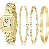 NEWITIN 4 Pieces Women Gold Watch Bracelets Set Fashion Costume Jewelry Gold Plated Square Wristwatch Diamond Bangle Bracelet Watch Jewelry Set for Women