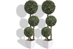 Damomo Artificial Boxwood Ball Topiaries Trees, Outdoor 3ft Fake Topiary Triple Ball Boxwood Tree(2 Pieces), Faux Shrubs Plants Potted Green Decorative Indoor Porch or Garden（35inch）