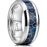 King Will Mens 8mm Black Silver Tungsten Rings, Men's Wedding Rings Fishing Line Inlay Beveled Edge Ring for Men Women, Comfort Fit, Durable