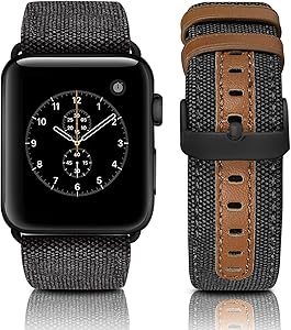 Jobese Compatible with Apple Watch Bands for Men Women 38mm/40mm 42mm/44mm, Canvas Fabric Genuine Leather Replacement Wristband Compatible with Apple Watch Series 4 5 6 SE 3 2 1